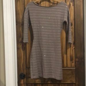 3/4 Sleeve Striped Tan Dress